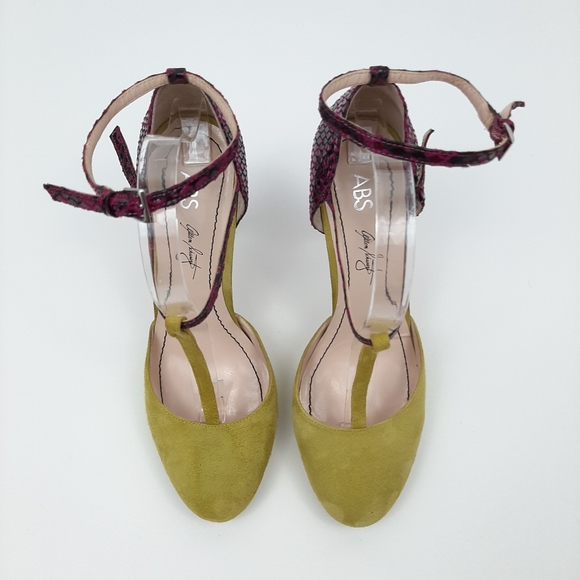 Allen Schwartz Citron Raspberry Deco Suede and Snakeskin Heels Size 9.5 - Picture 4 of 16